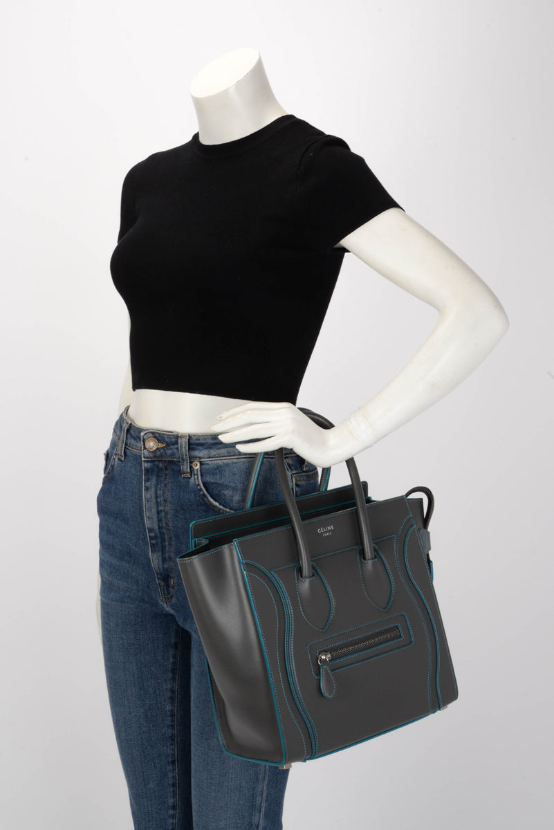 Celine Grey & Turquoise Smooth Calfskin Debossed Micro Luggage Tote