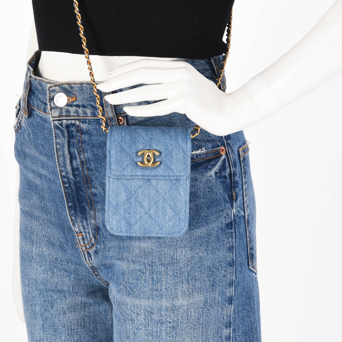 Chanel Blue Quilted Denim Clutch With Chain