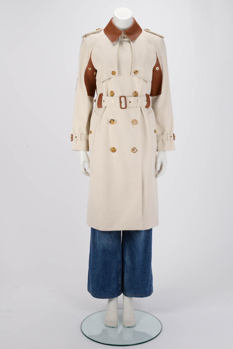 Burberry Ecru & Tan Canvas Leather Detail Trench Coat UK6