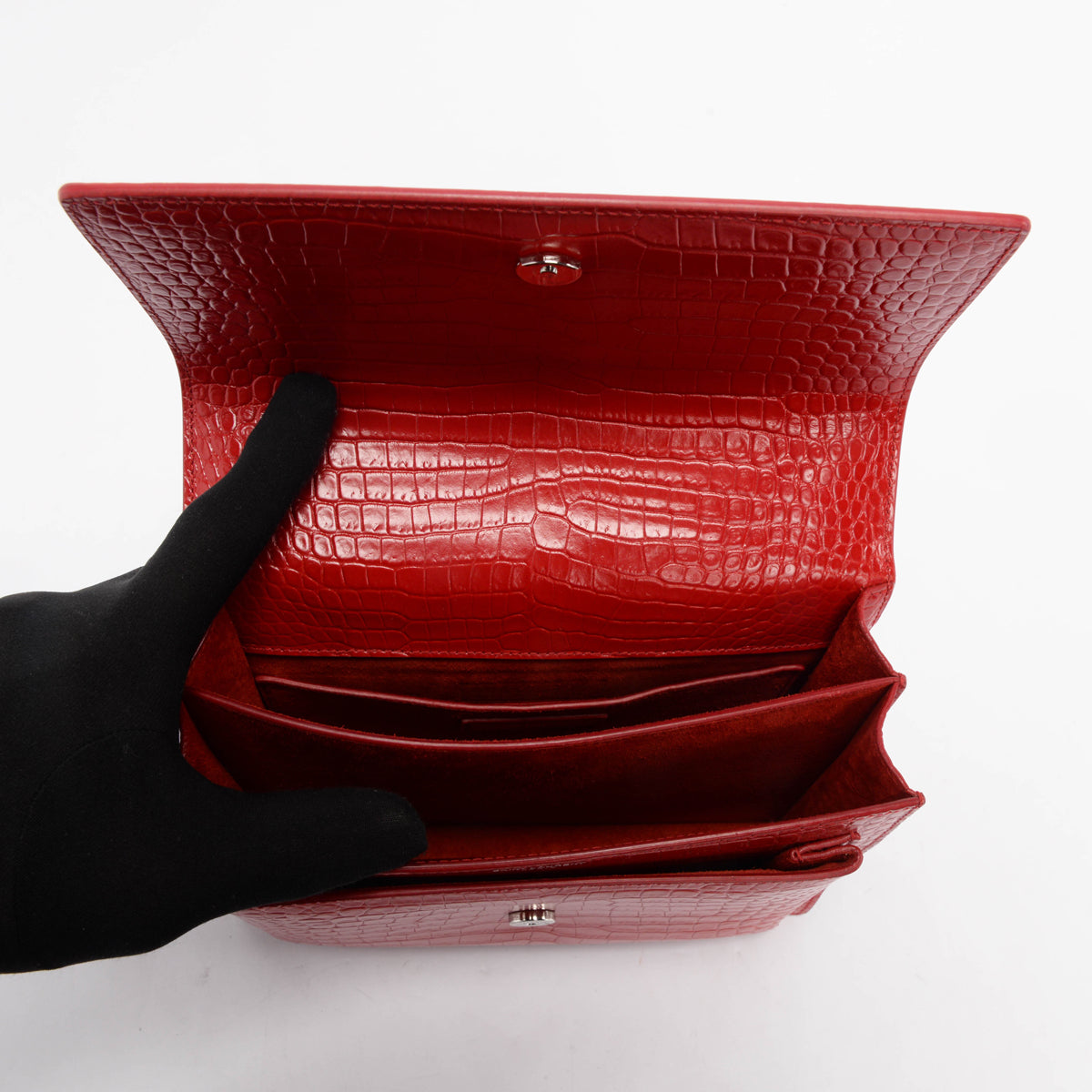 Saint Laurent Red Croc Embossed Medium Sunset Shoulder Bag