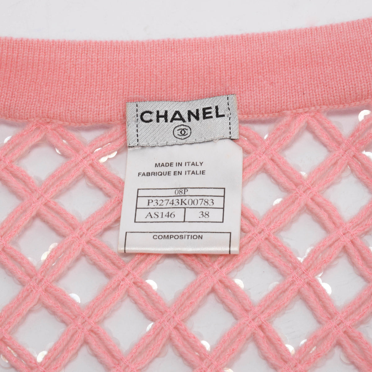 Chanel Pink Cashmere Sequin Quilt Cardigan FR 38