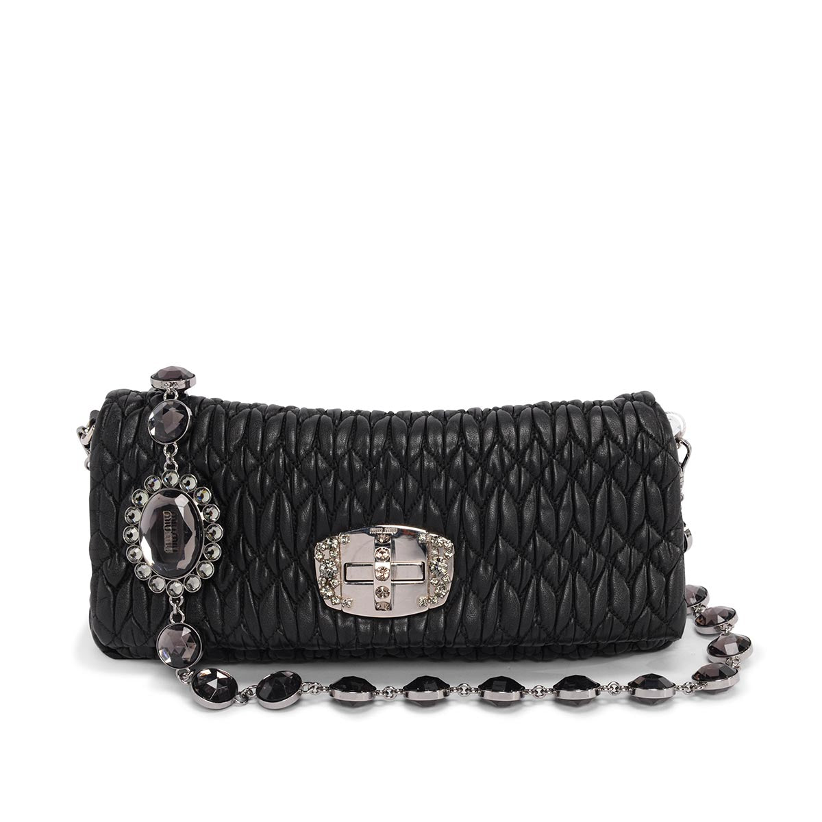 Miu Miu Black Matelasse Crystal Strap Bag