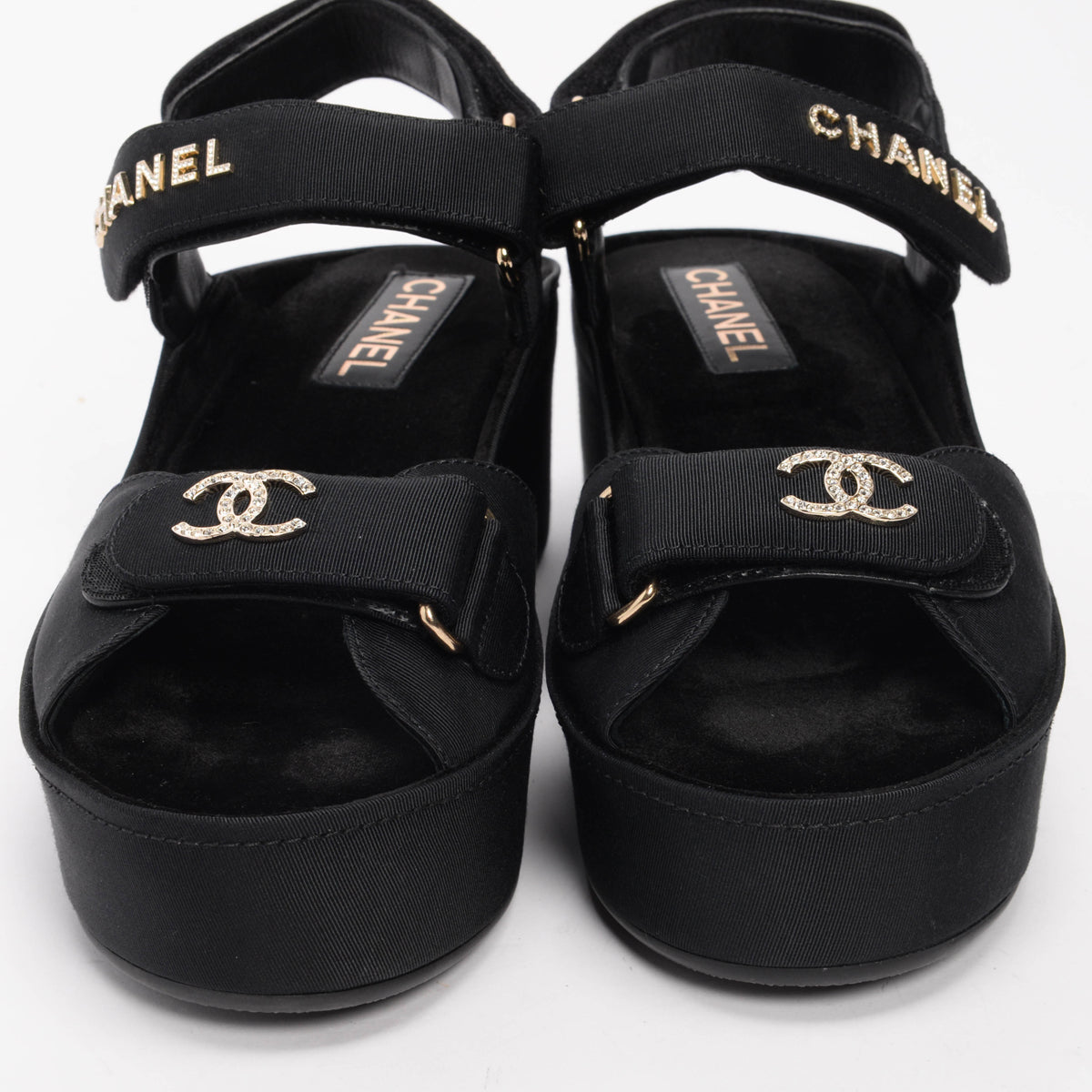 Chanel Black Grosgrain Crystal CC Platform Sandals 40