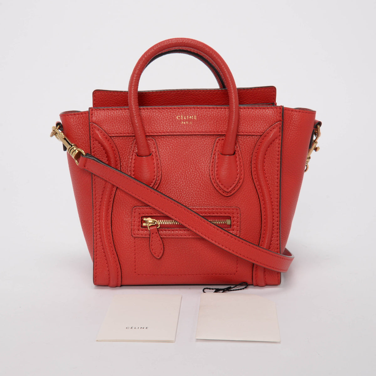 Celine Poppy Red Drummed Calfskin Micro Luggage Tote