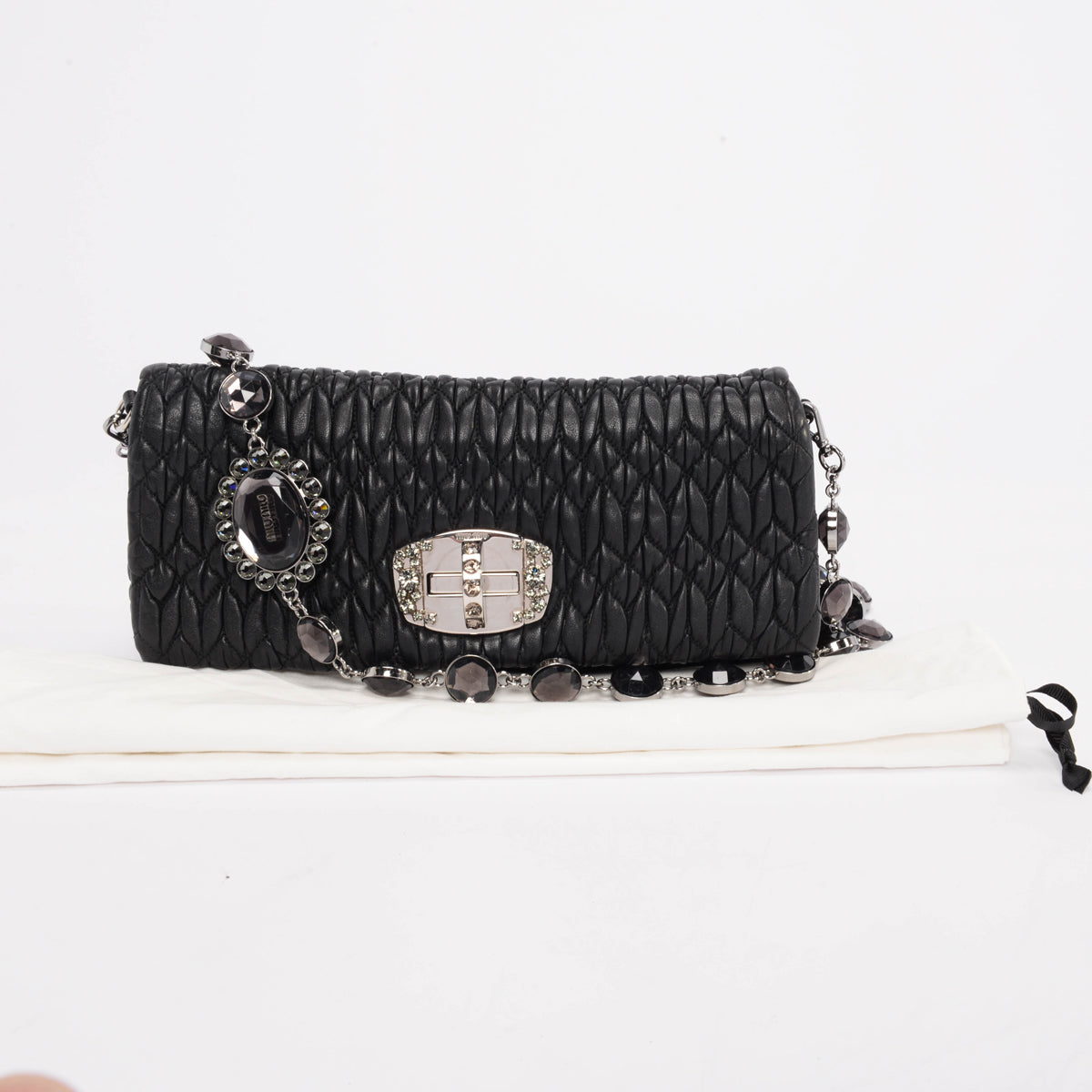 Miu Miu Black Matelasse Crystal Strap Bag