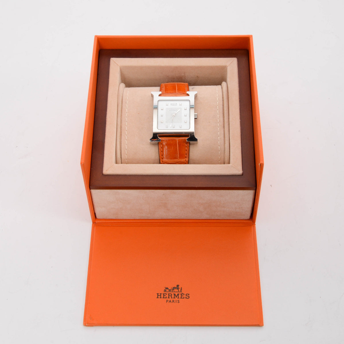 Hermes Orange Stainless Steel Diamond MOP Heure H TGM Watch