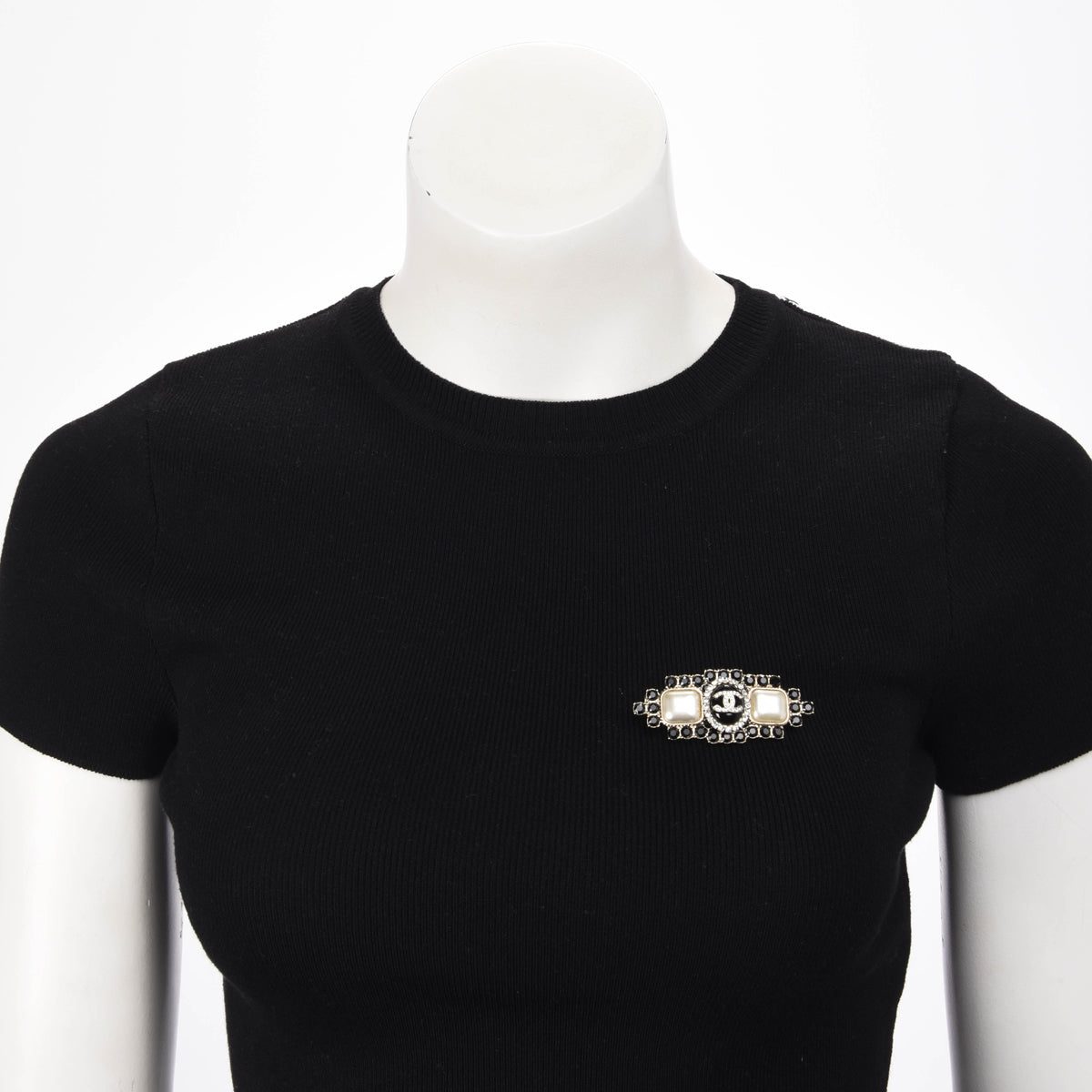 Chanel Pearl & Black Crystal CC Bar Brooch