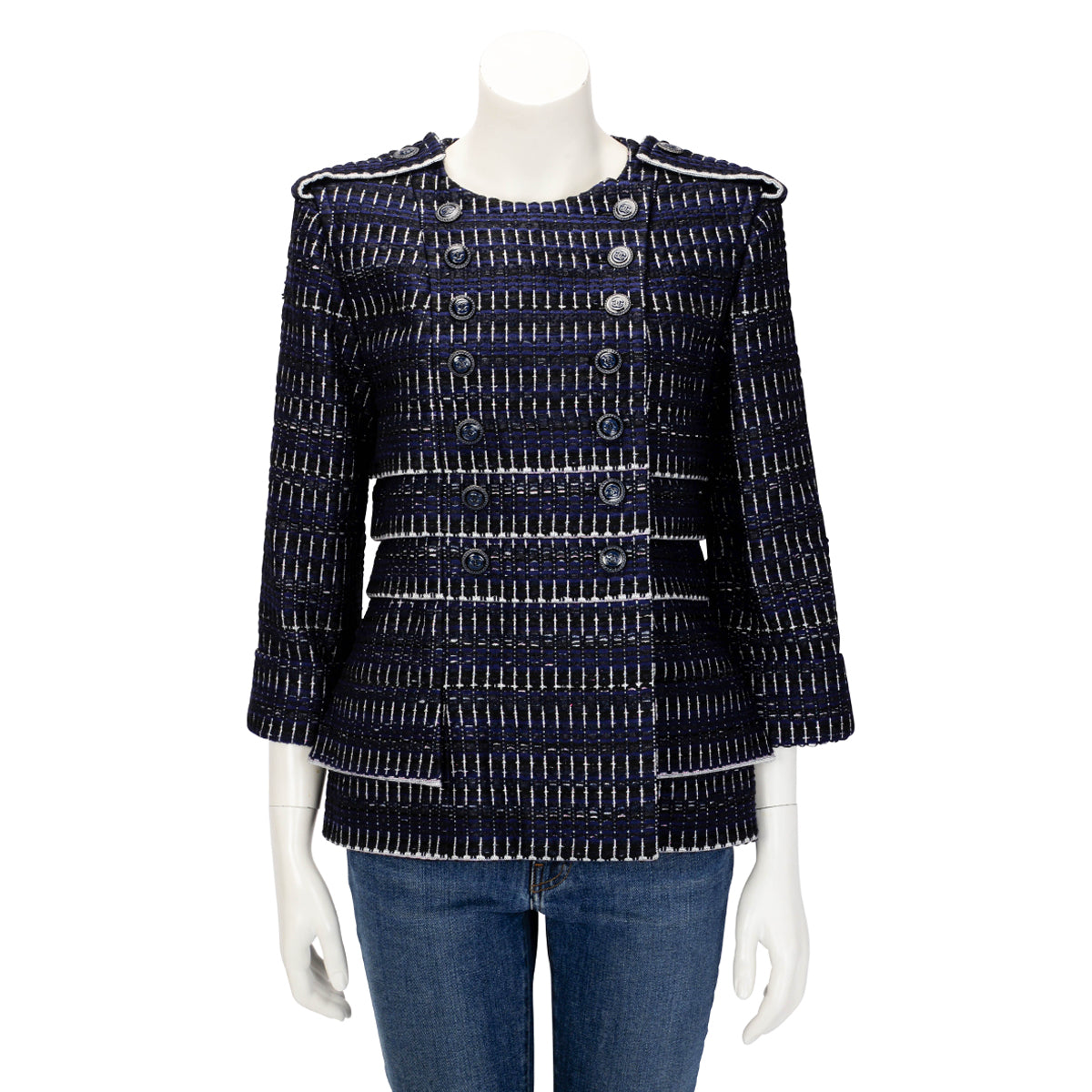 Chanel Blue & Black Striped Tweed Military Style Jacket FR 42