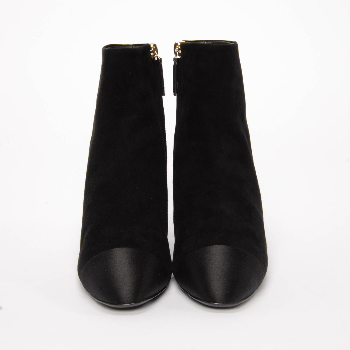 Chanel Black Suede & Satin Cap Toe Short Boots 38.5