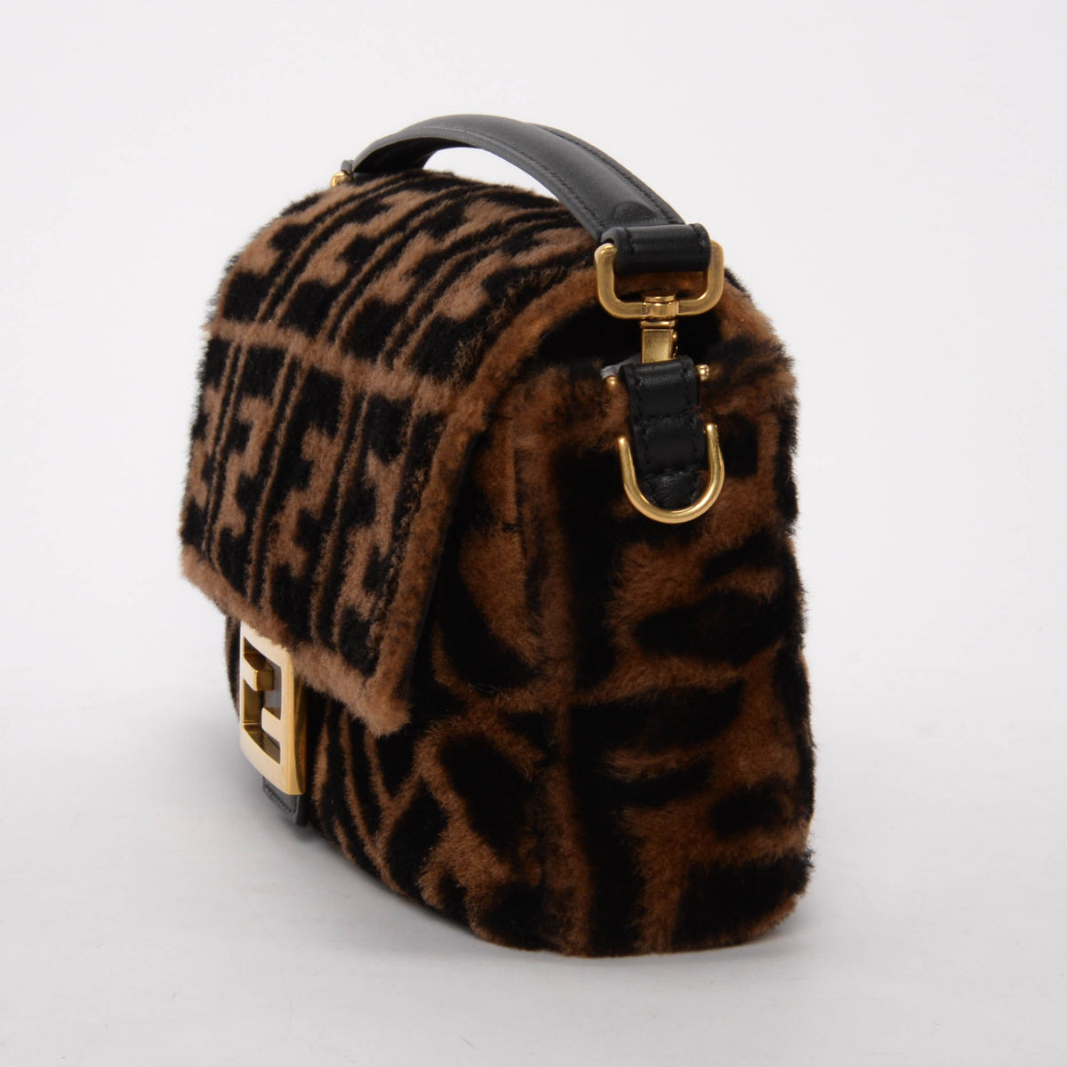 Fendi Tobacco & Black FF Shearling Baguette Bag