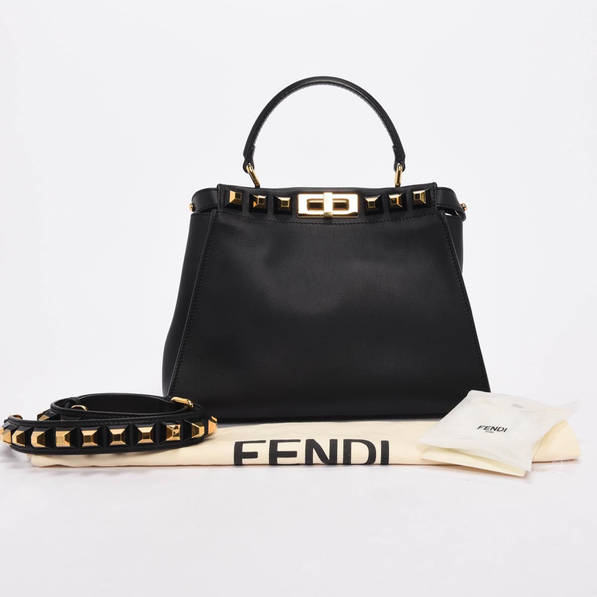 Fendi Black Calfskin Studded Medium Peekaboo Bag