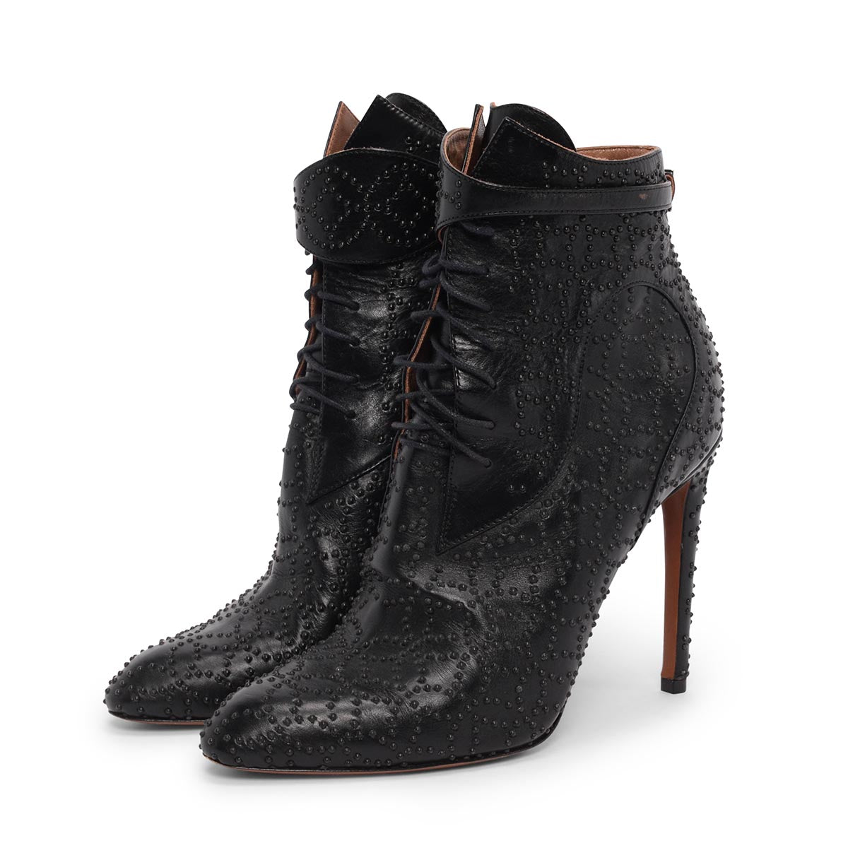 Alaia Black Calfskin Studded Lace Up Boots 38