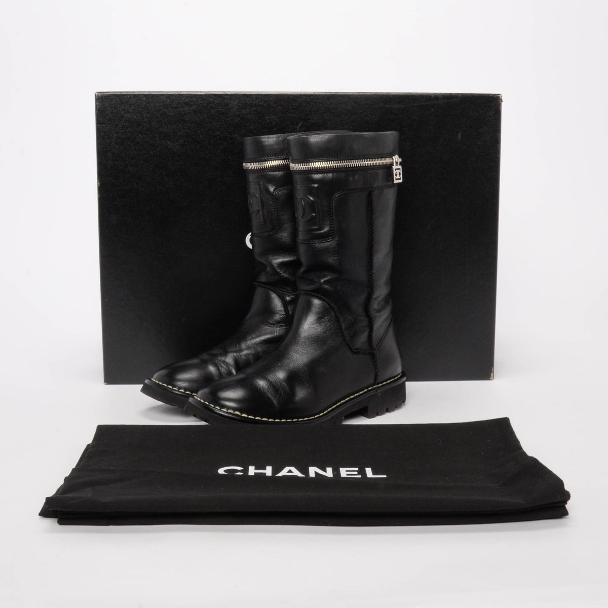 Chanel Black Calfskin Motorcycle Zipper Boots 36