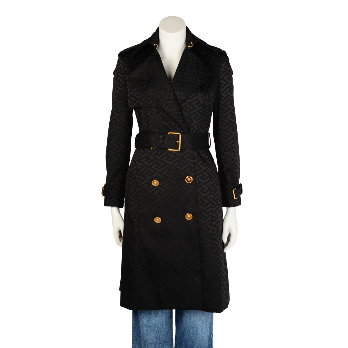 Versace Black La Greca Print Classic Trench Coat IT 36