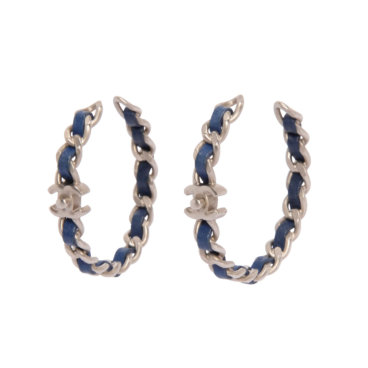 Chanel Blue Leather CC Turnlock Chain Hoop Earrings