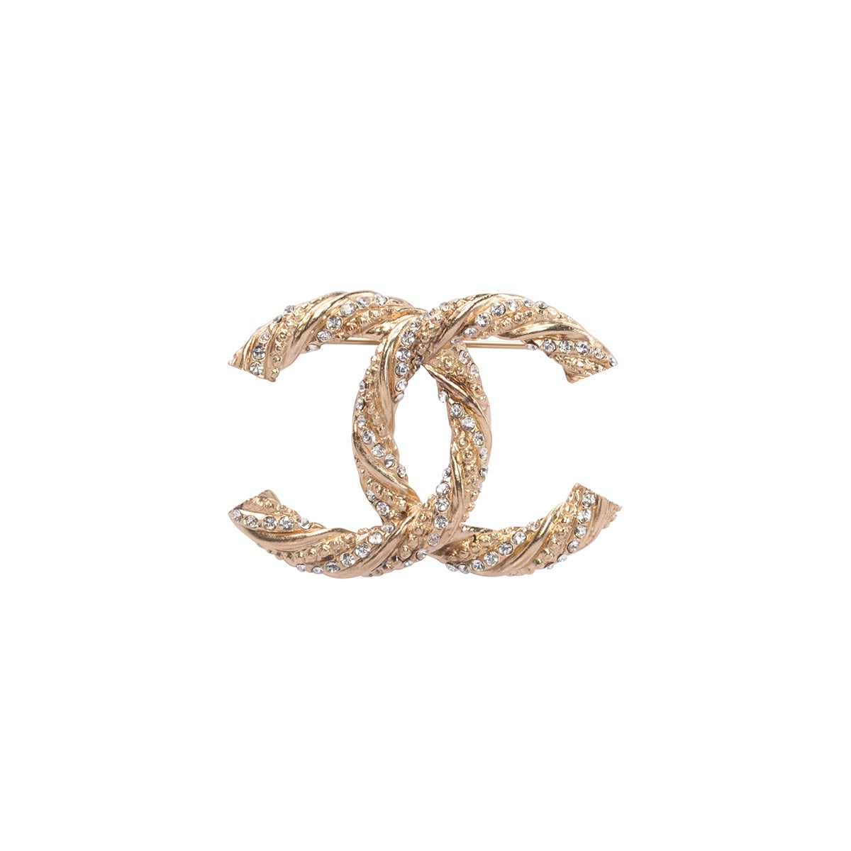 Chanel Light Gold Crystal CC Twist Brooch