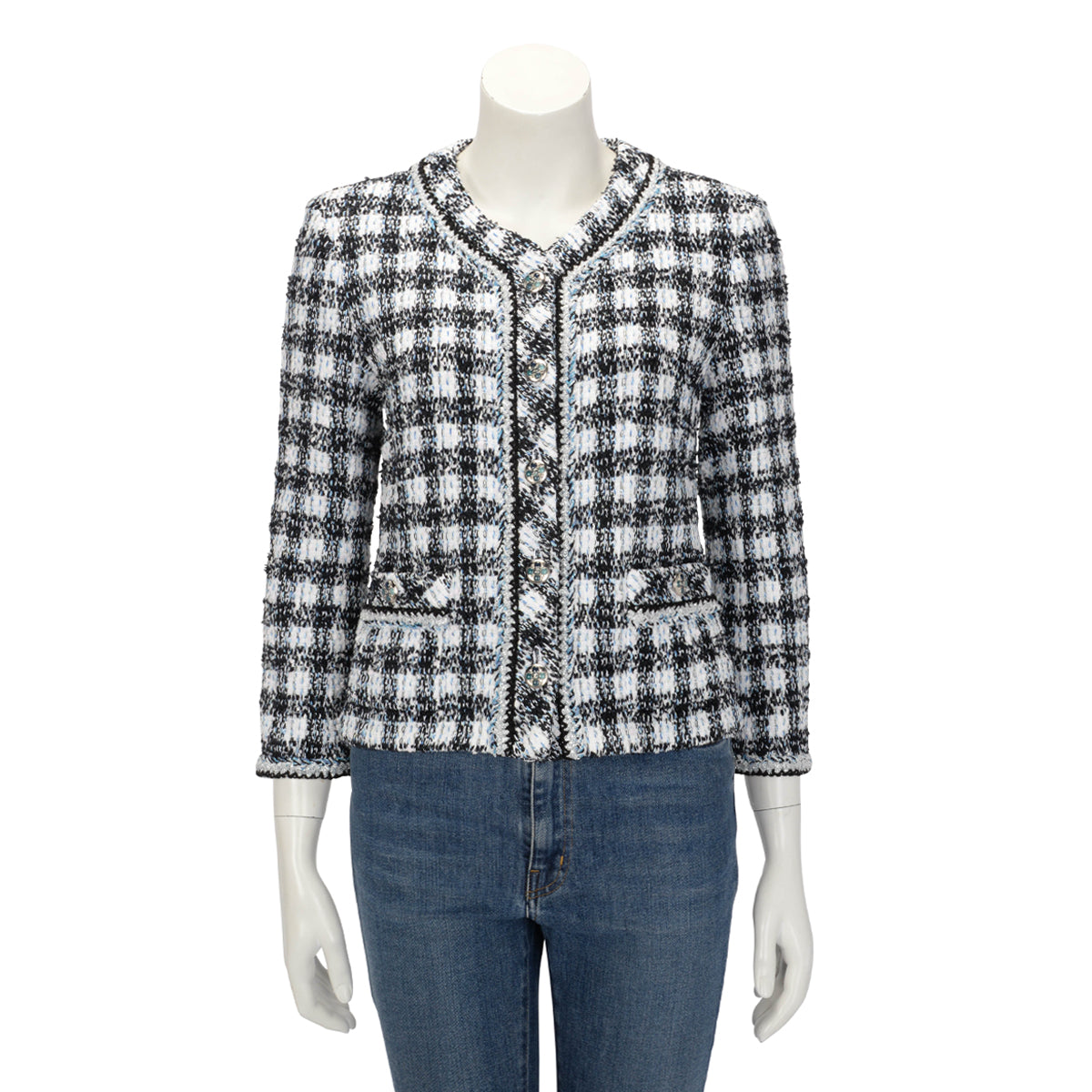 Chanel Blue Check Tweed Braided Trim Jacket FR 40