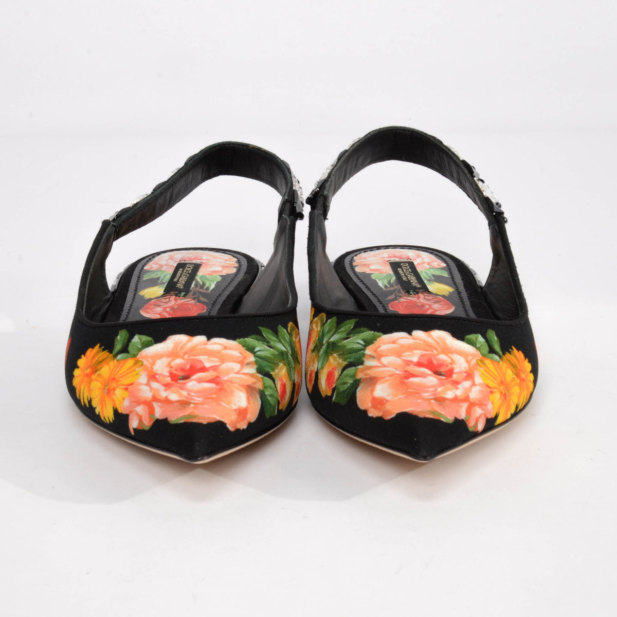 Dolce & Gabbana Black Floral Print Crystal Slingbacks 39
