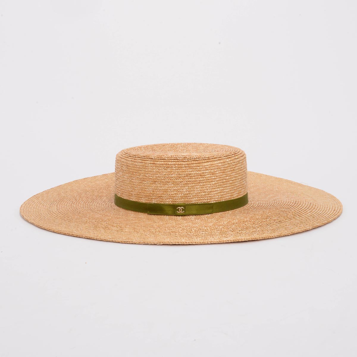 Chanel Ivory Abaca Straw CC Ribbon Wide Brim Hat