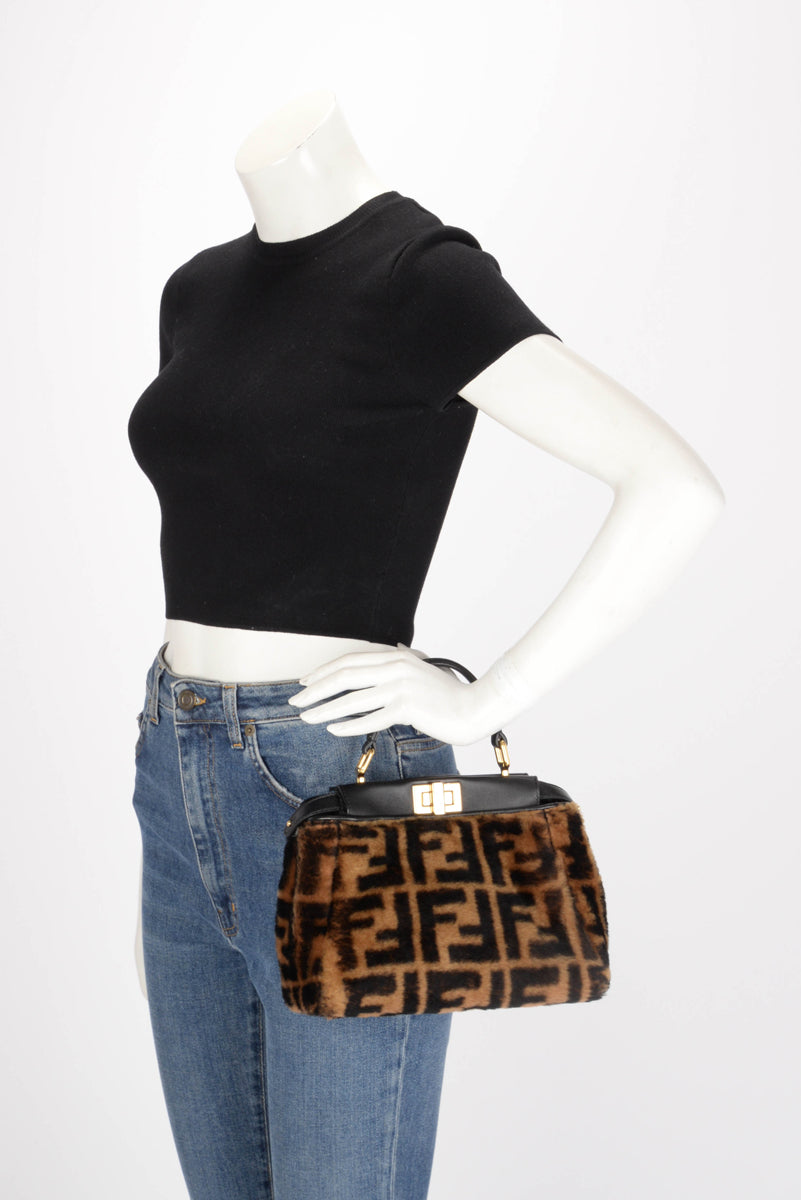 Fendi Tobacco & Black FF Shearling & Nappa Mini Peekaboo Bag