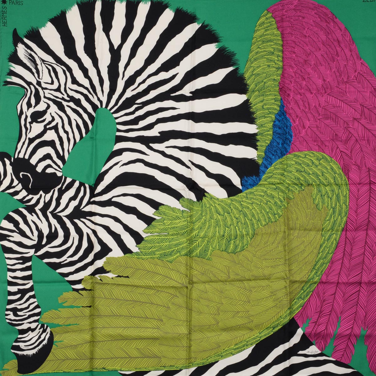 Hermes Green Silk Zebra Pegasus Scarf