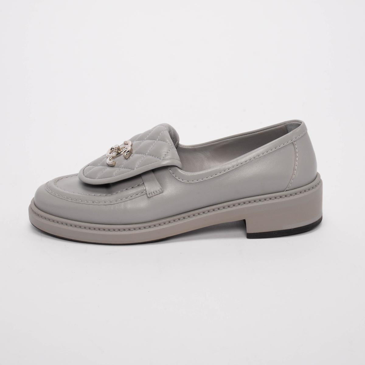 Chanel Grey Lambskin CC Turnlock Loafers 37.5