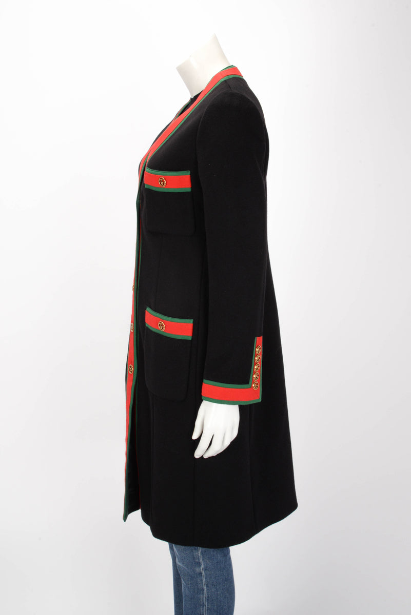 Gucci Black Wool GG Web Trim Longline Coat IT 42