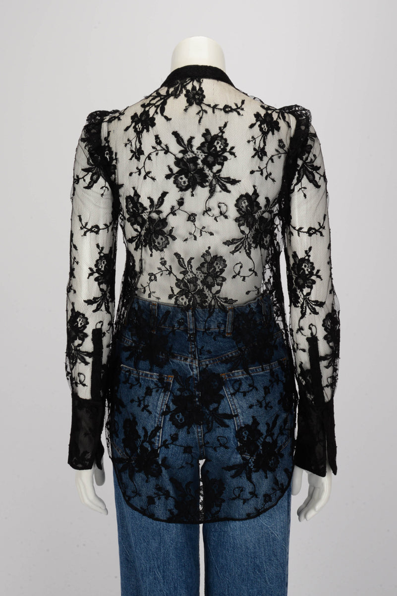 Alexander McQueen Black Lace Ruffle Trim Blouse IT 40