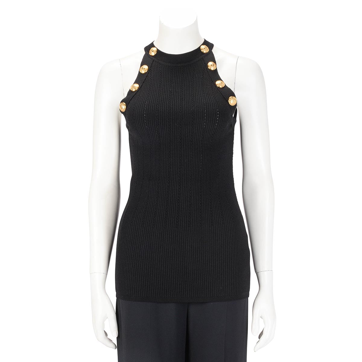 Balmain Black Ribbed Knit Halter Neck Top FR 44