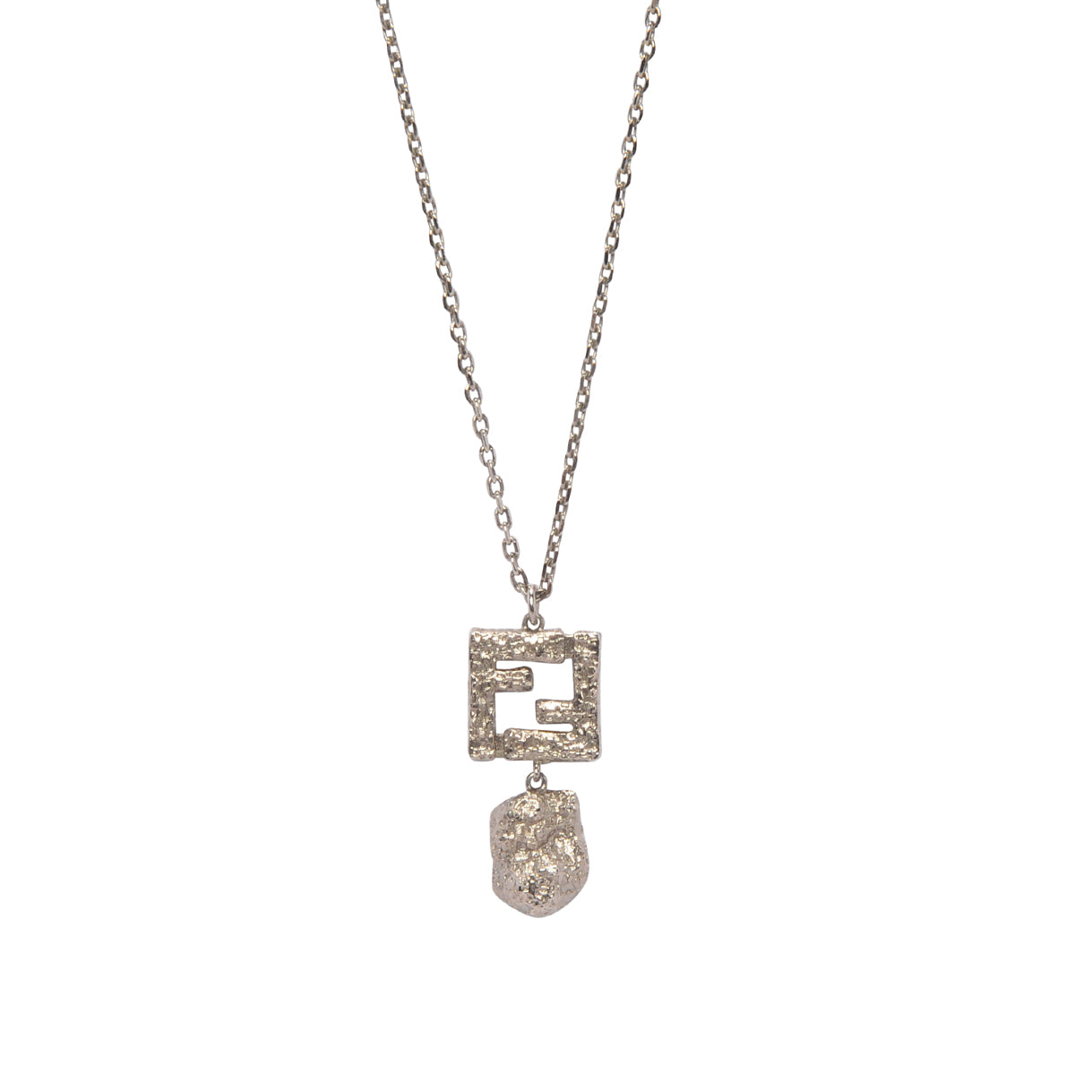 Fendi Silver Hammered Metal FF Drop Pendant Necklace