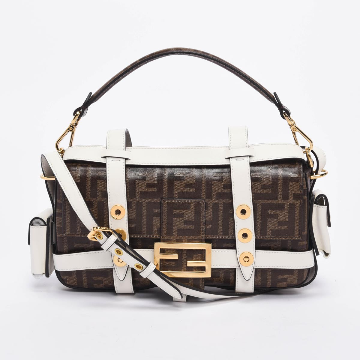 Fendi Tobacco & White Zucca Canvas Cage Baguette Bag