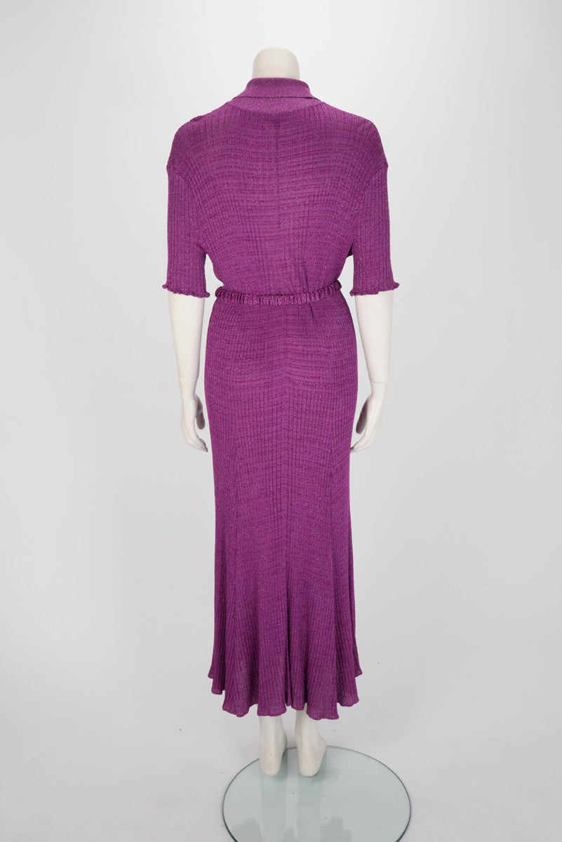 Chanel Purple Ribbed Lurex Collared Midi Dress FR 48