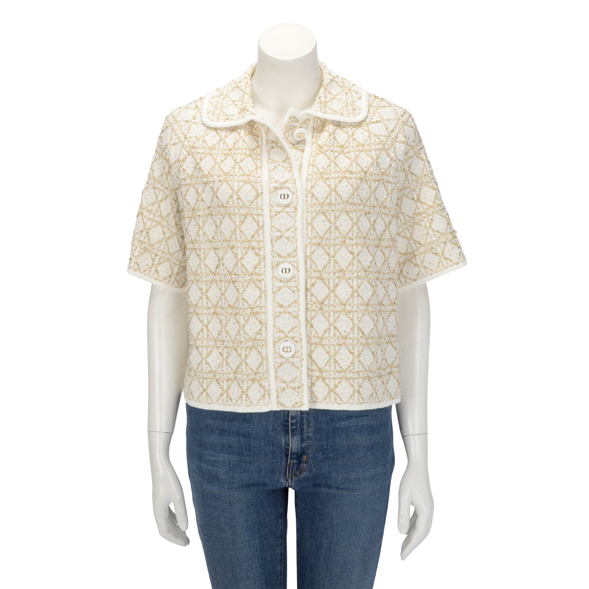Dior White & Gold Tweed Macrocannage Short-Sleeved Jacket FR 42