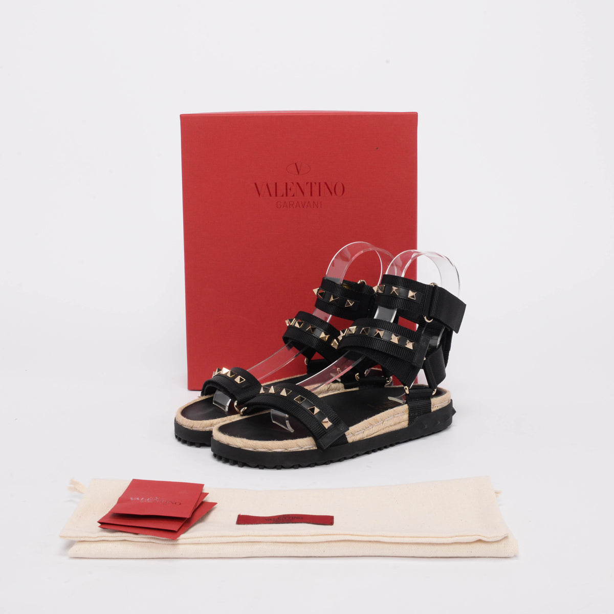 Valentino Black Nylon Rockstud Espadrille Sandals 36