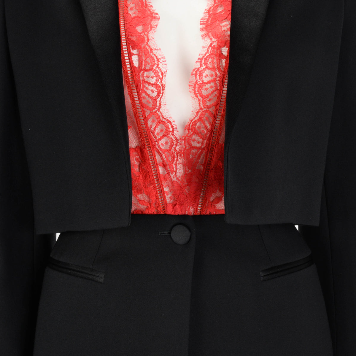 Alexander McQueen Black & Red Lace Tuxedo Style Jacket IT 40