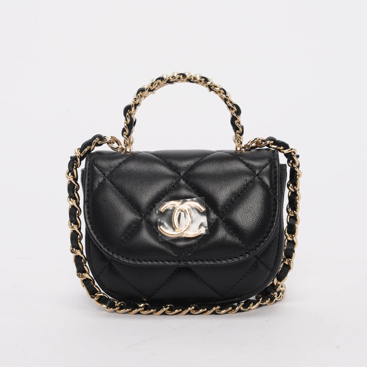 Chanel Black Lambskin Pearl Handle Clutch with Chain