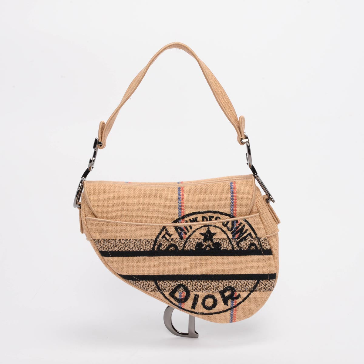 Dior Beige Woven Raffia Embroidered Saddle Bag