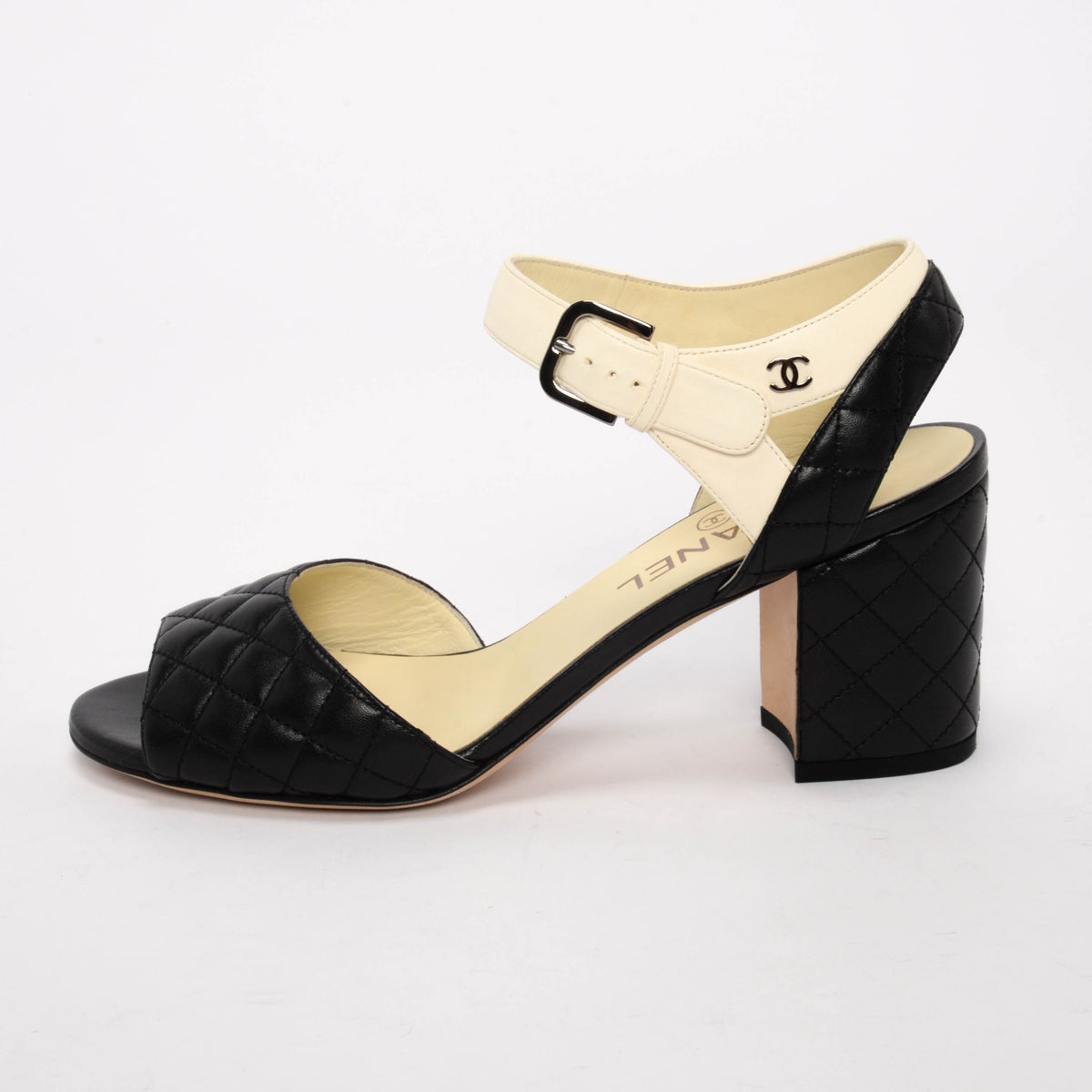 Chanel Black & White Quilted Lambskin CC Sandals 38.5