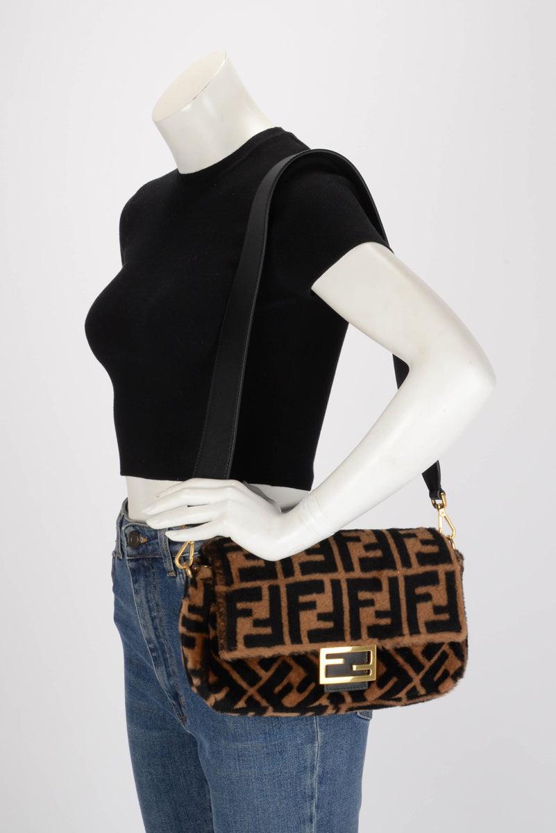 Fendi Tobacco & Black FF Shearling Baguette Bag