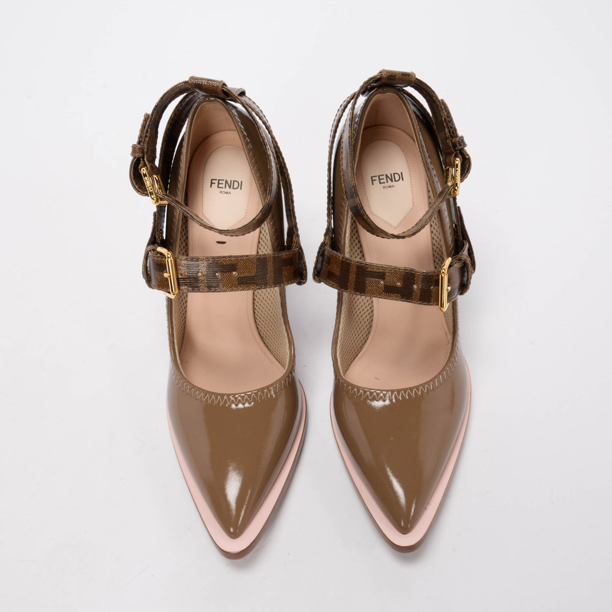 Fendi Brown Patent FF Canvas Strap Pumps 40