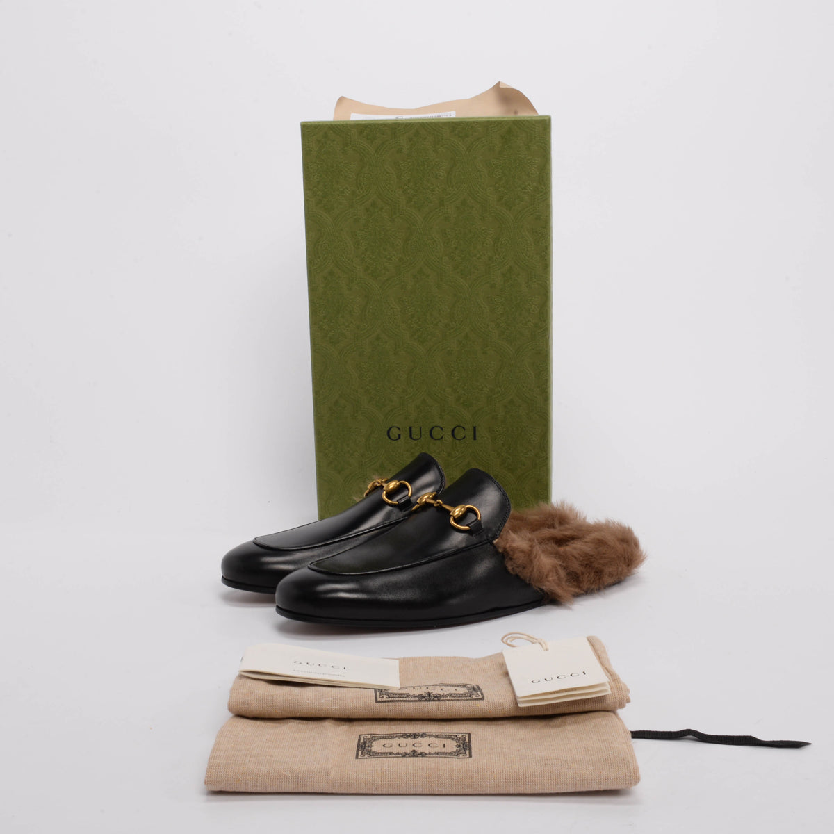 Gucci Black Calfskin & Lamb Fur 2015 Re-Edition Princetown Slippers 9.5