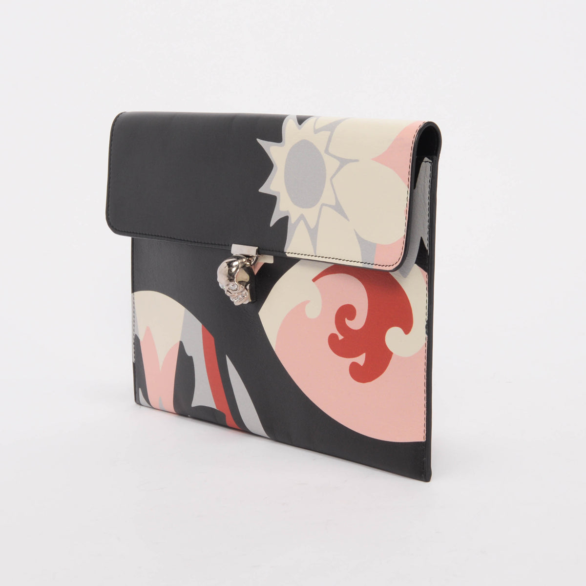 Alexander McQueen Black Leather Kansai Print Skull Envelope Clutch