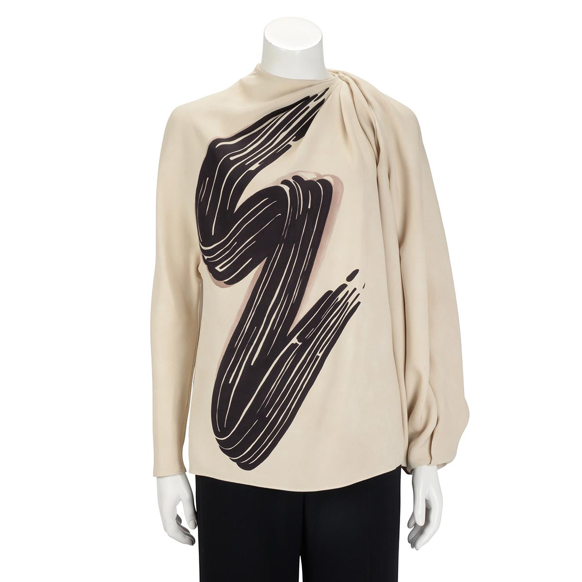 Fendi Beige Silk Asymetric Brush Stroke Blouse IT 40