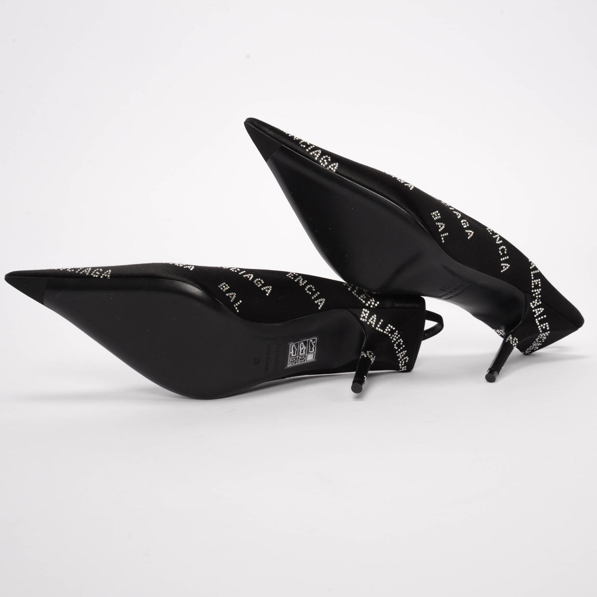Balenciaga Black Satin Square Knife Crystal Logo Slingbacks 38