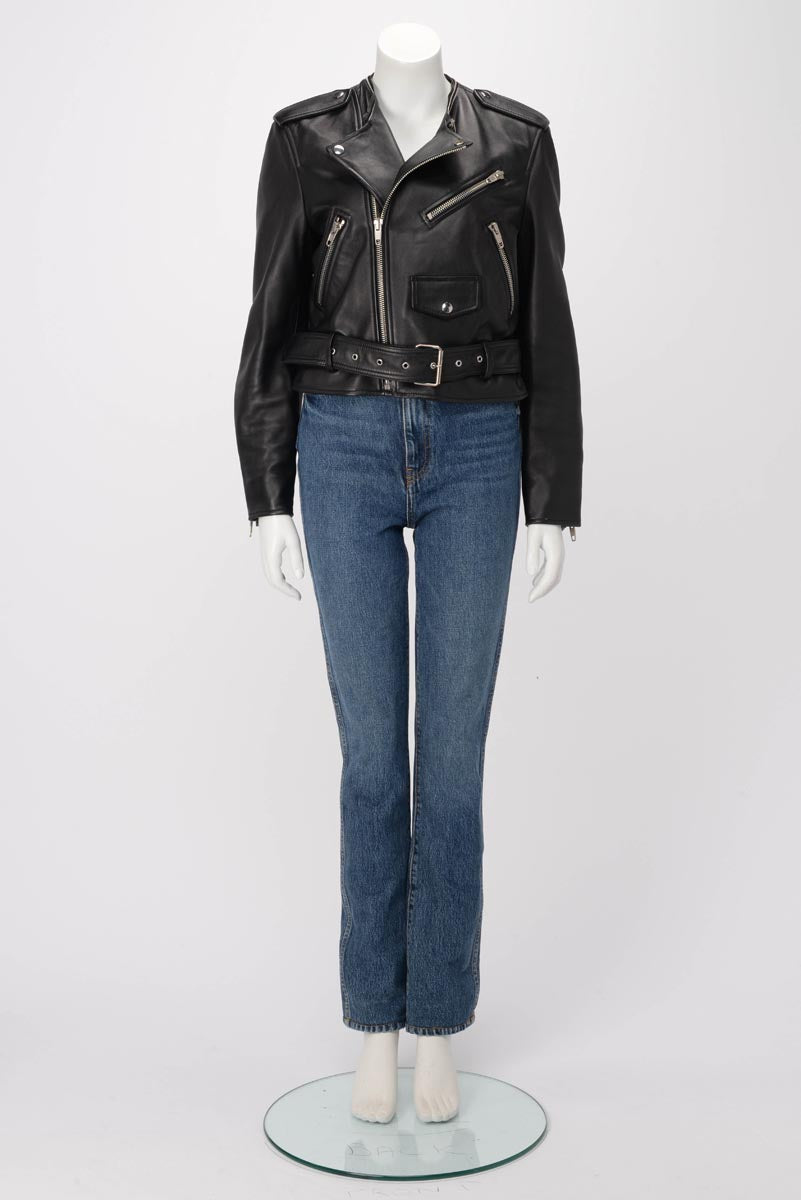 Balenciaga Black Lambskin Detachable Scarf Biker Jacket FR 40