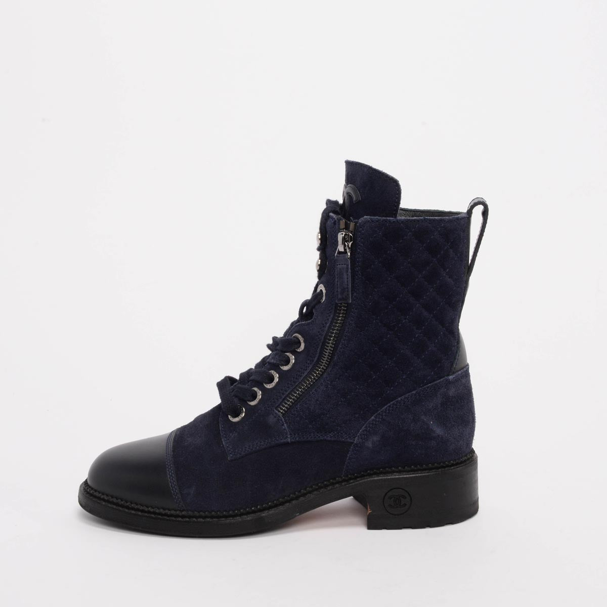 Chanel Navy Quilted Suede Lace Up CC Combat Boots 39