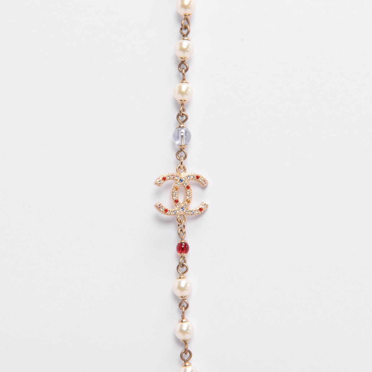 Chanel Multi Colour Crystal & Pearl Long CC Necklace