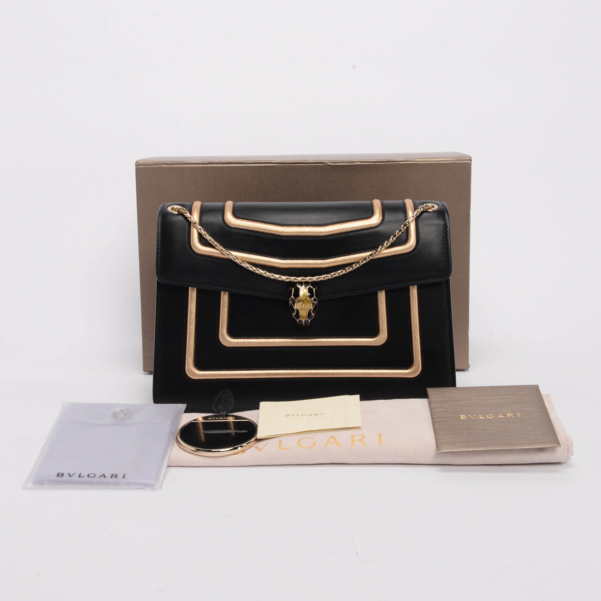 Bulgari Black & Gold Calfskin Serpenti Graphic Frame Bag