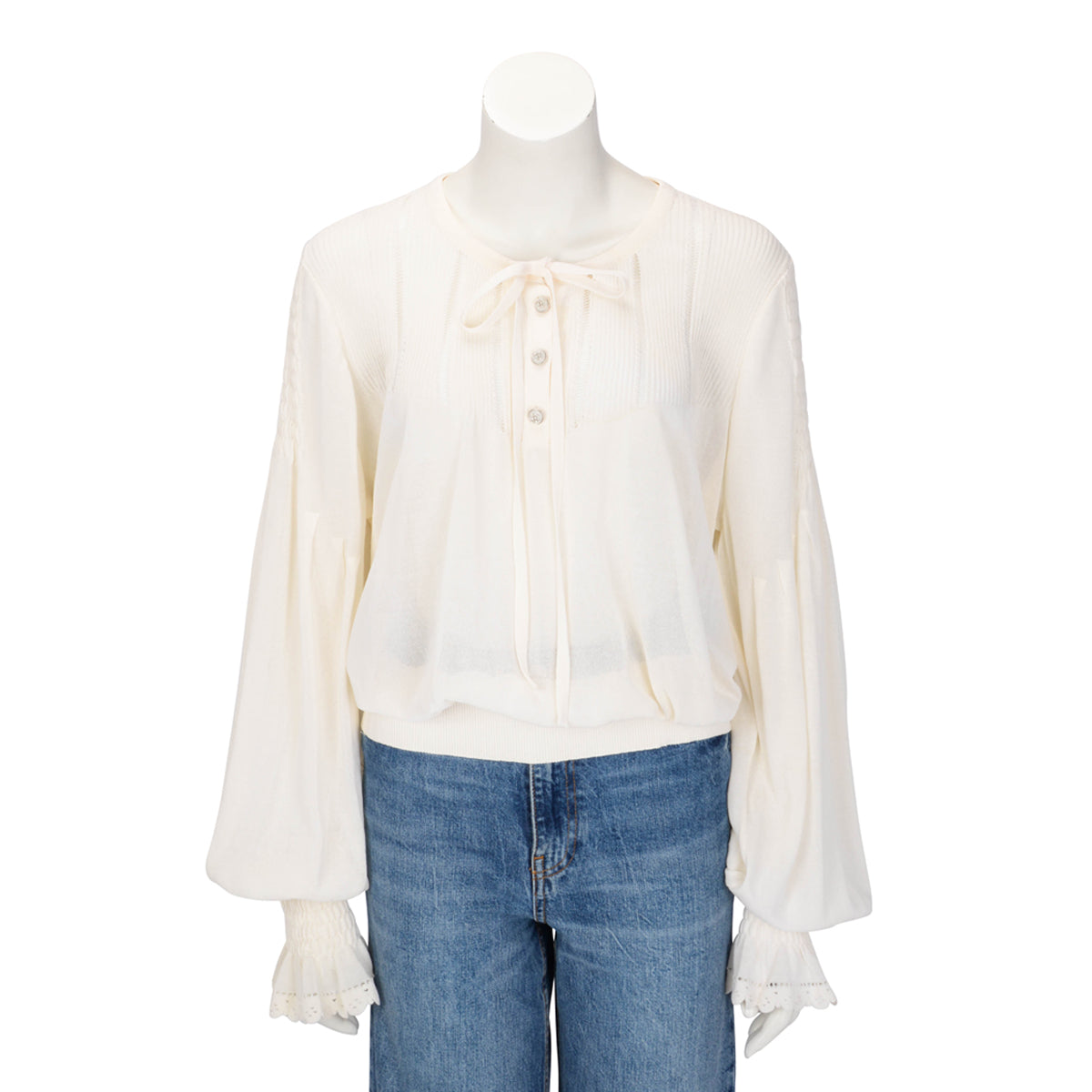 Chanel Ivory Knitted Pintuck Detail Blouse FR 50