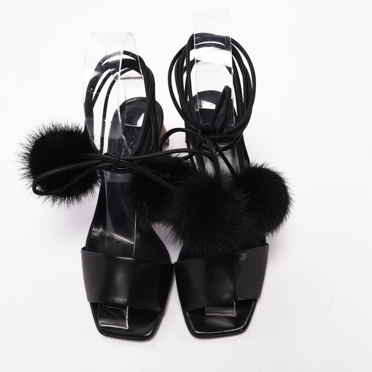 Gucci Black Fur Heloise Pom Pom Sandals 35.5